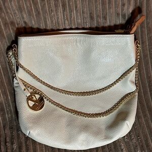 Valentina Italian Leather Double Entry Cream Shoulder Bag with Gold Accents